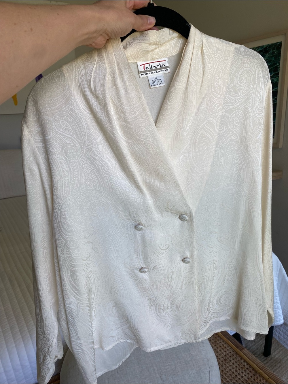 Vintage Talbots Petites Cream Paisley-Print Double-Breasted Silk Blouse